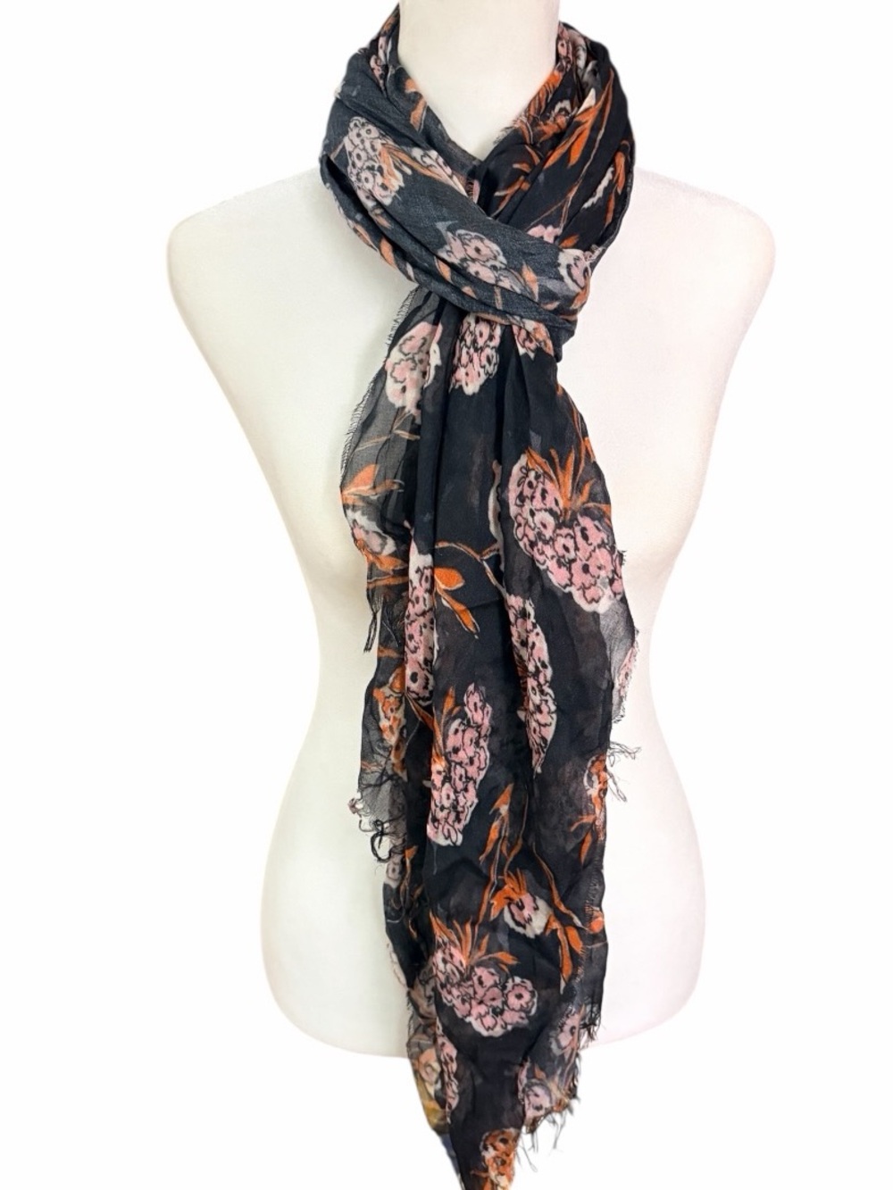 Caterina de' Medici Black Grayish  Floral Lightweight Scarf with Pink & Orange